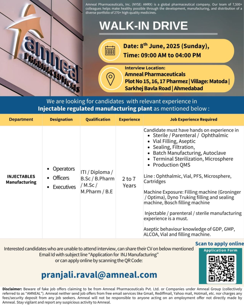 Amneal Pharmaceuticals Walk-In Drive for Injectable Manufacturing Jobs on 8th June