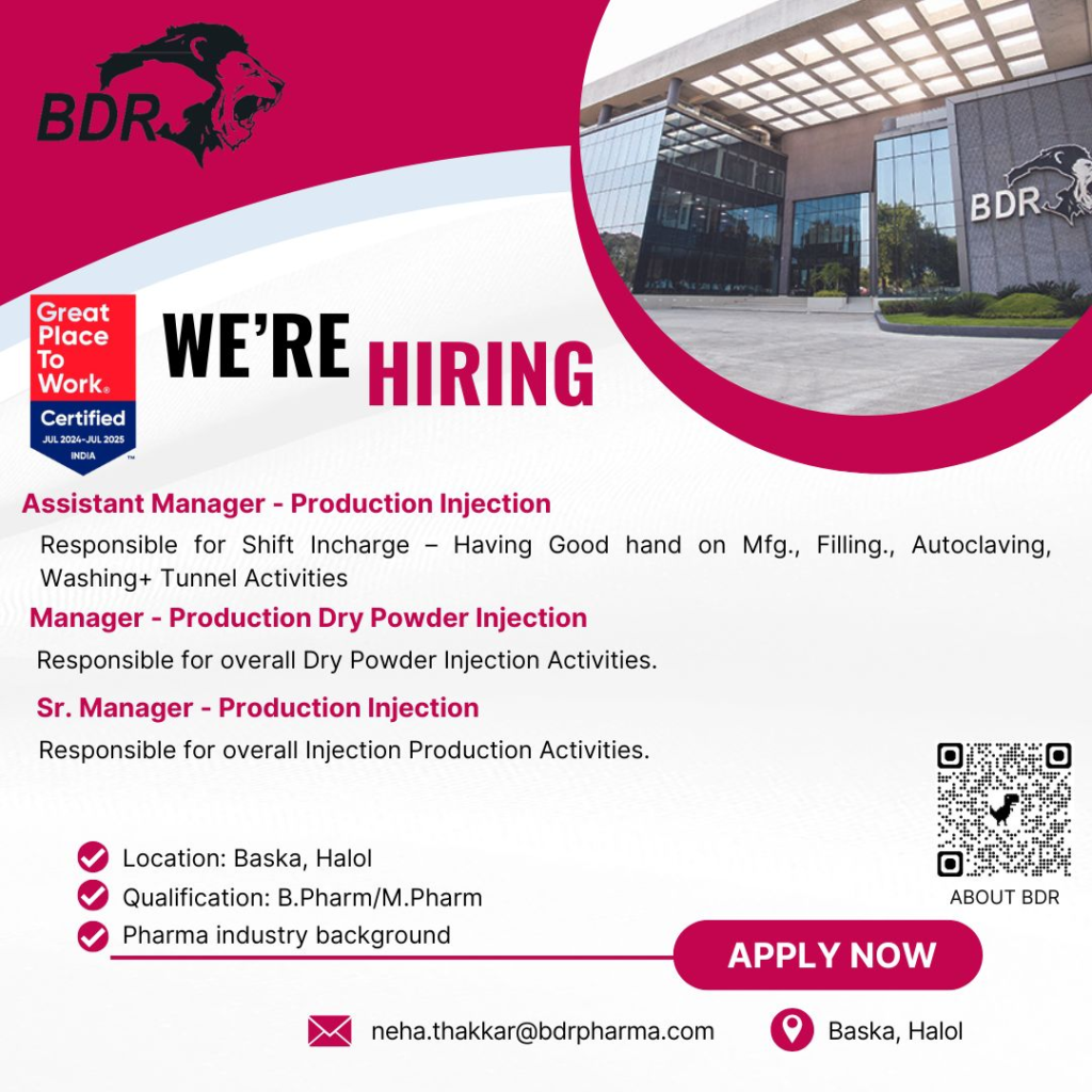 BDR Pharmaceuticals Hiring for Production Roles in Baska, Halol - 2025