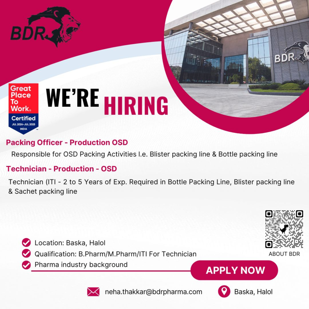 BDR Pharmaceuticals Hiring for Production Roles in Baska, Halol - 2025
