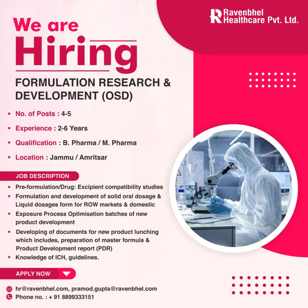 Rathbhee Pvt. Ltd. Hiring for Formulation Research & Development (OSD) Roles (B.Pharm / M.Pharm)