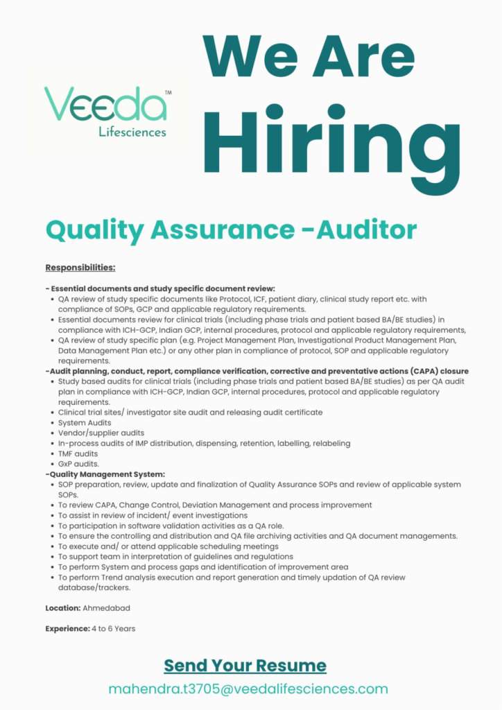 Veeda Lifesciences Hiring for Quality Assurance Auditor in Ahmedabad - 2025