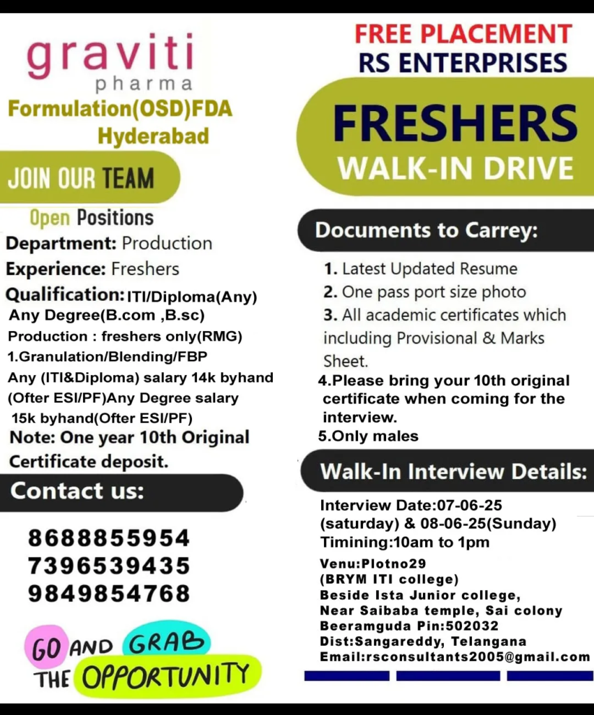Graviti Pharma Walk-In Drive for Production (OSD) Freshers on 7th June