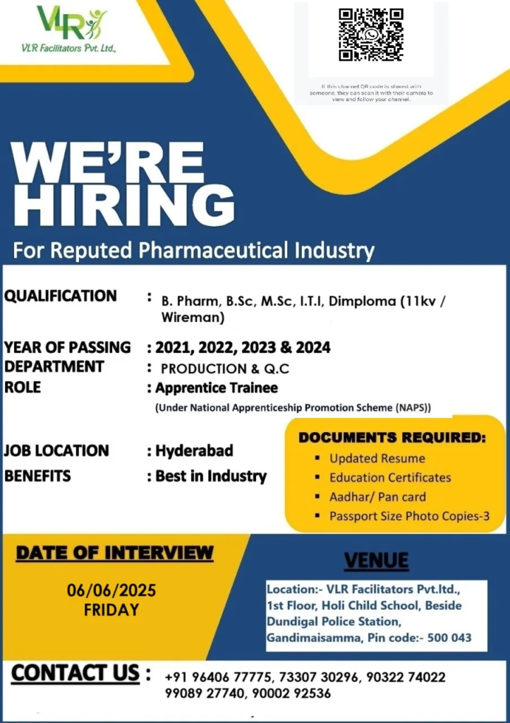 VLR Facilitators Hiring for Apprentice Trainee (Production & Quality Control) in Hyderabad - June 2025