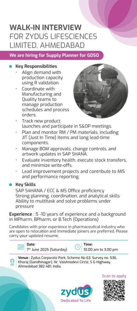 Zydus Lifesciences Walk-In Interview for Supply Planner (GDSO) on 7th June