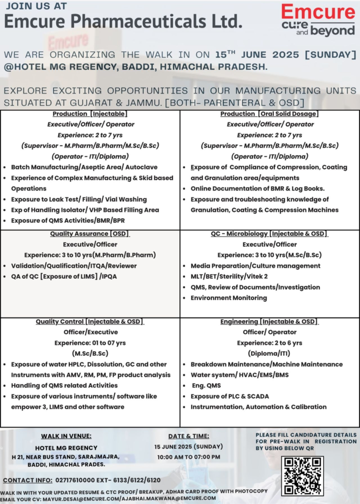 Emcure Pharmaceuticals Walk-In Interview for Production, QA, QC, and Engineering Roles on 15th June