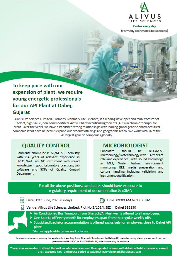 Alivus Life Sciences Walk-In Interview for Quality Control and Microbiologist Roles on 13th June