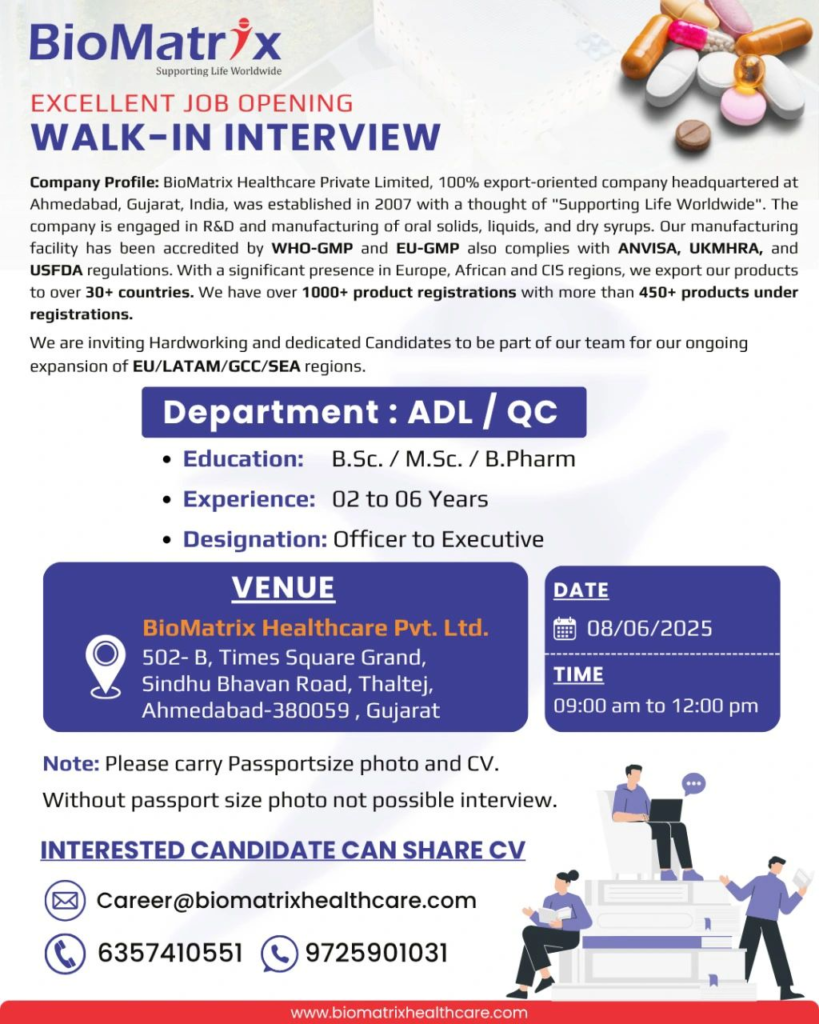 BioMatrix Healthcare Walk-In Interview for ADL and QC Officer to Executive Roles on 8th June