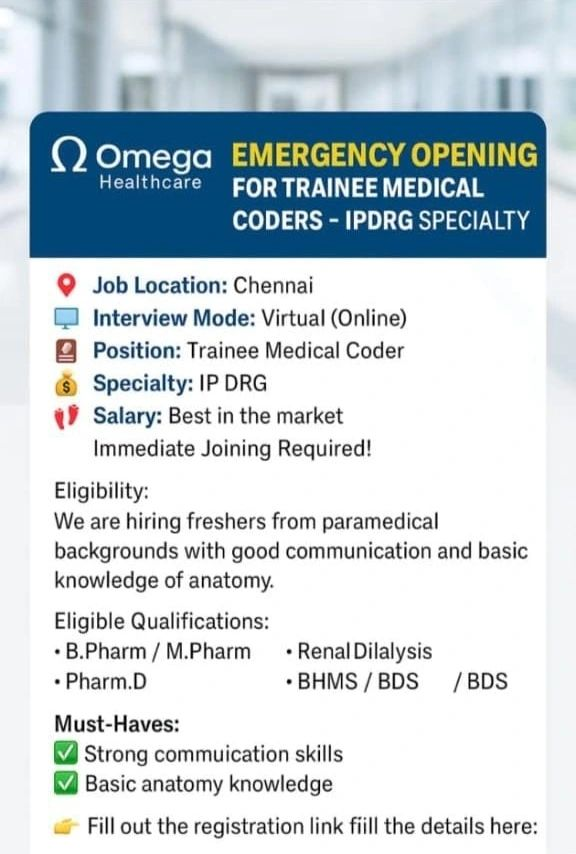Omega Healthcare Hiring Trainee Medical Coder (IP-DRG Specialty) in Chennai - June 2025