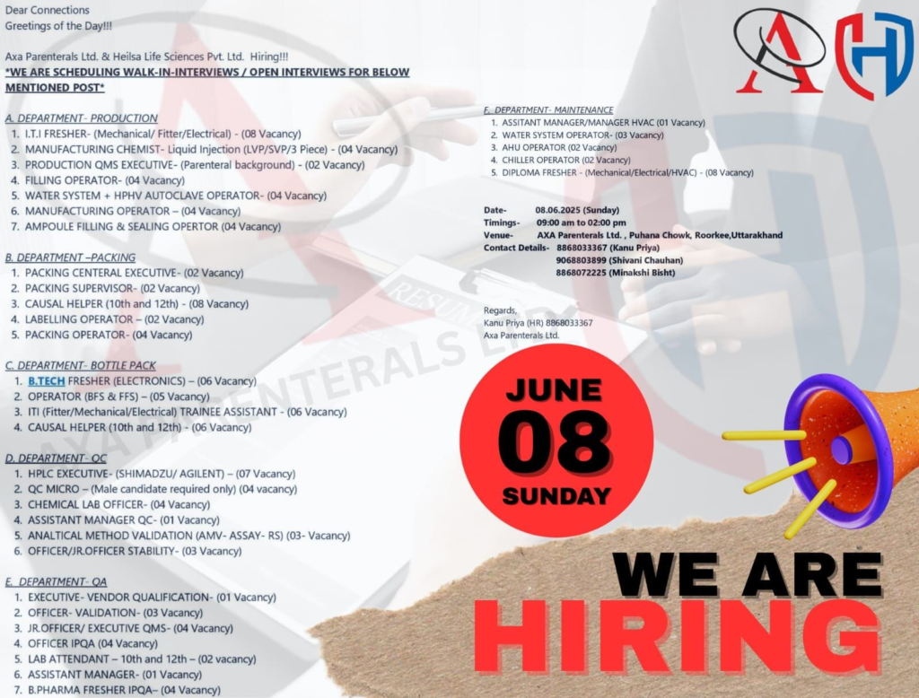 Axa Parenterals & Heilsa Life Sciences Walk-In Interviews for Multiple Positions on 8th June
