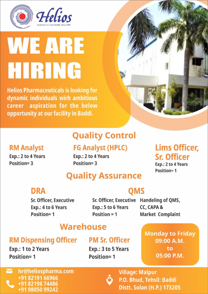 Helios Pharmaceuticals - Job Openings for Quality Control, Quality Assurance & Drug Regulatory Affairs (DRA) 