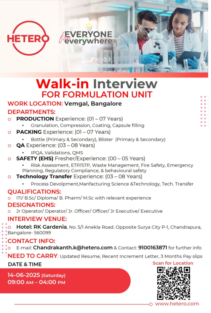 Hetero Walk-in Interview for Formulation Unit in Bangalore on 14th June