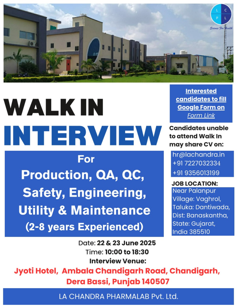 LA Chandra Pharmalab Walk-In Interview for Pharmaceutical Jobs on 22nd & 23rd June in Chandigarh