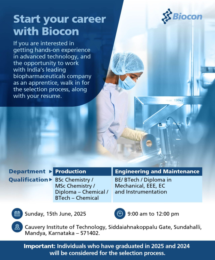 Biocon Walk-In Interview for Apprentice Roles on 16th June