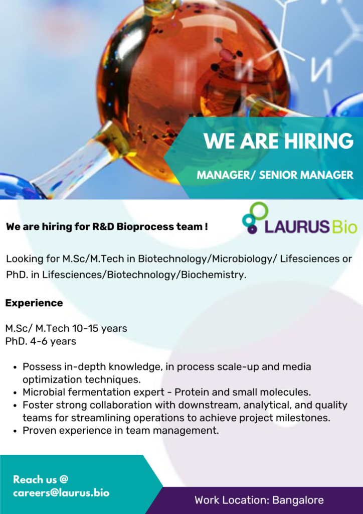 Laurus Bio is Hiring for Manager/Senior Manager - R&D Bioprocess in Bangalore