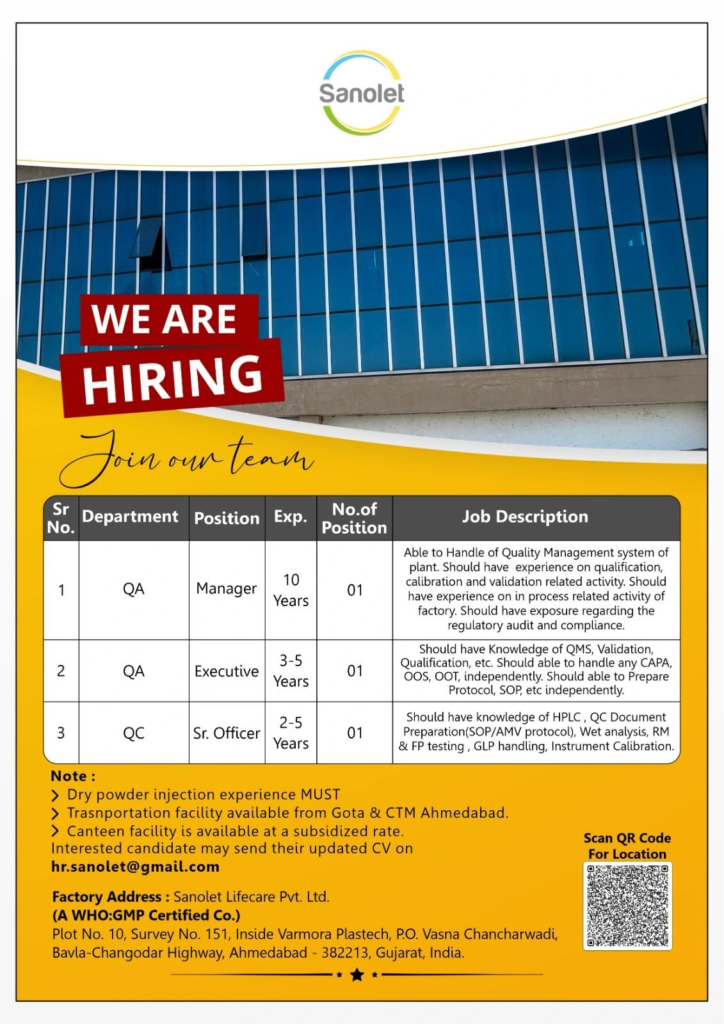 Sanolet Lifecare Hiring for QA and QC Roles in Ahmedabad, Gujarat