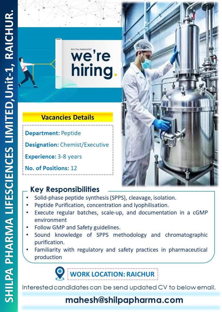 Shilpa Pharma Lifesciences is Hiring for Peptide Chemist/Executive in Raichur, Karnataka