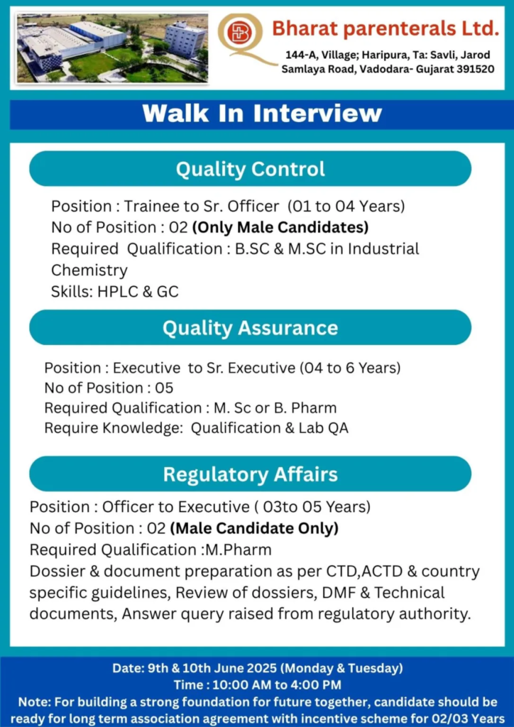 Bharat Parenterals Walk-In Interview for Multiple Positions in Vadodara on 9th & 10th June