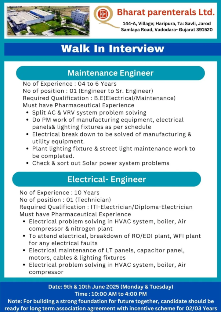 Bharat Parenterals Walk-In Interview for Multiple Positions in Vadodara on 9th & 10th June