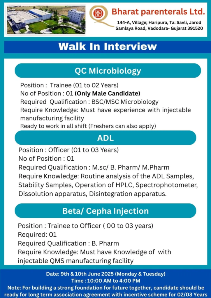 Bharat Parenterals Walk-In Interview for Multiple Positions in Vadodara on 9th & 10th June