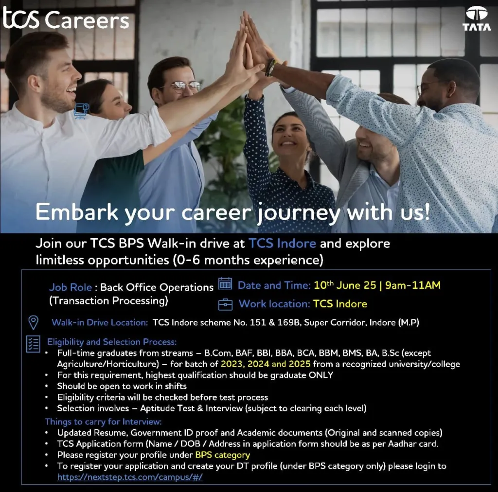 TCS BPS Walk-In Drive for Back Office Operations in Indore on 10th June