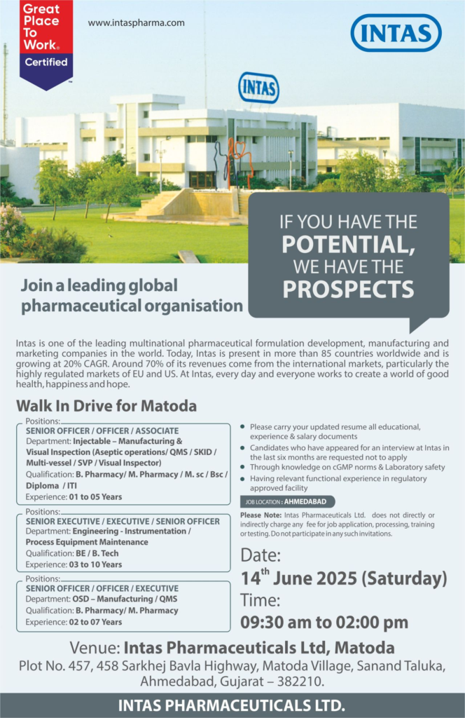 Intas Pharmaceuticals Walk-In Interview for Injectable, Engineering, and OSD Roles on 14th June