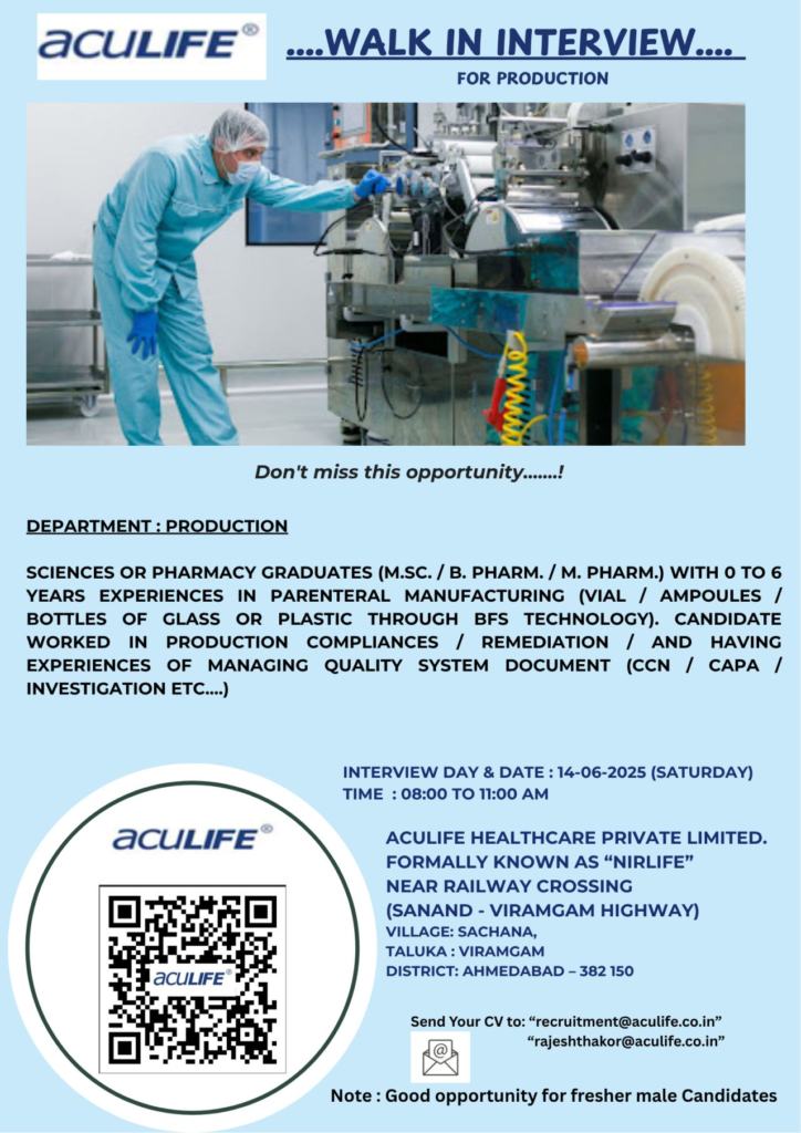 Aculife Healthcare Walk-In Interview for Production Jobs on 14th June (0-6 Years Exp)