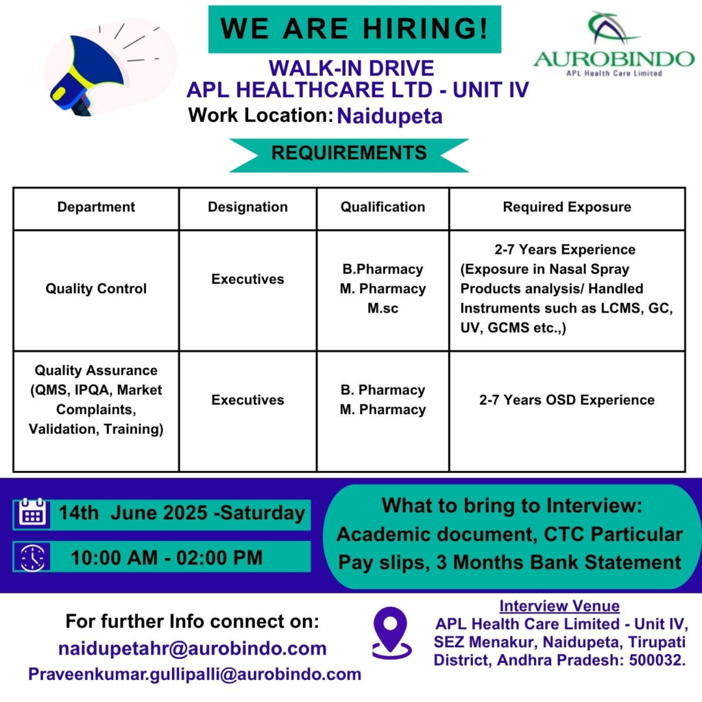 Aurobindo APL Health Care Walk-In Drive for Quality Control & Assurance Jobs on 14th June