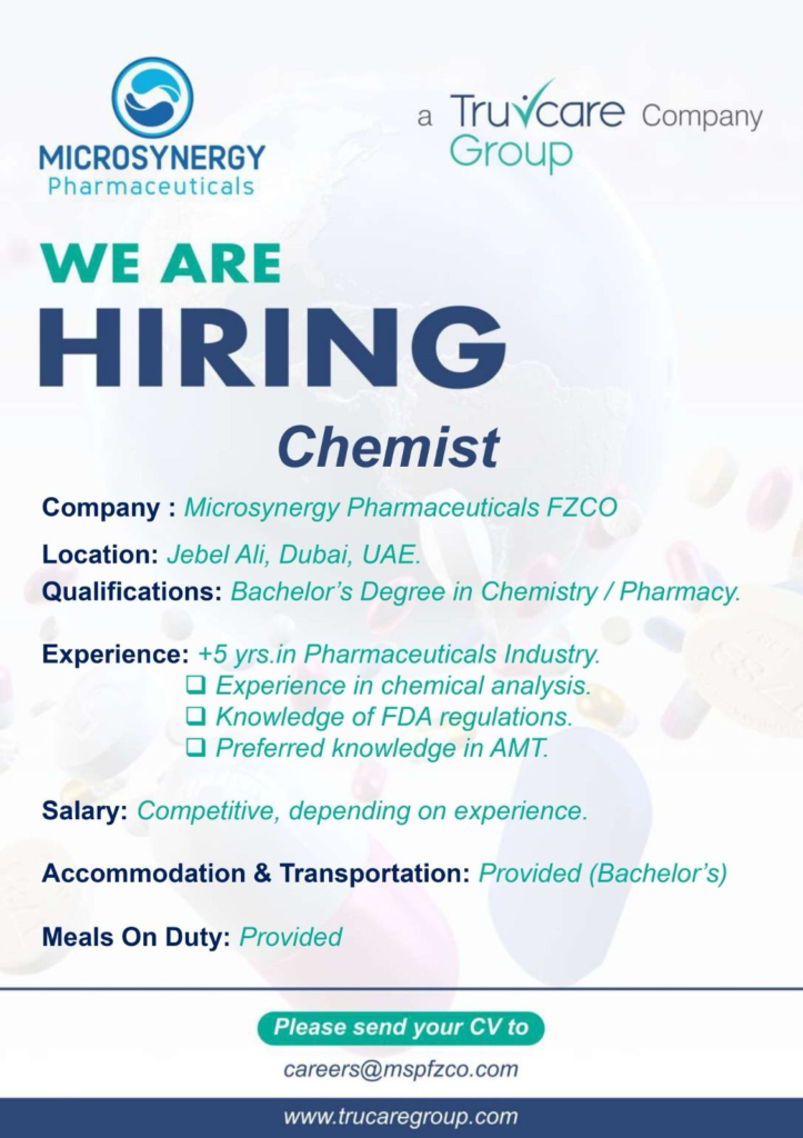 Microsynergy Pharmaceuticals - Job Opening for Chemist Role in Jebel Ali, Dubai