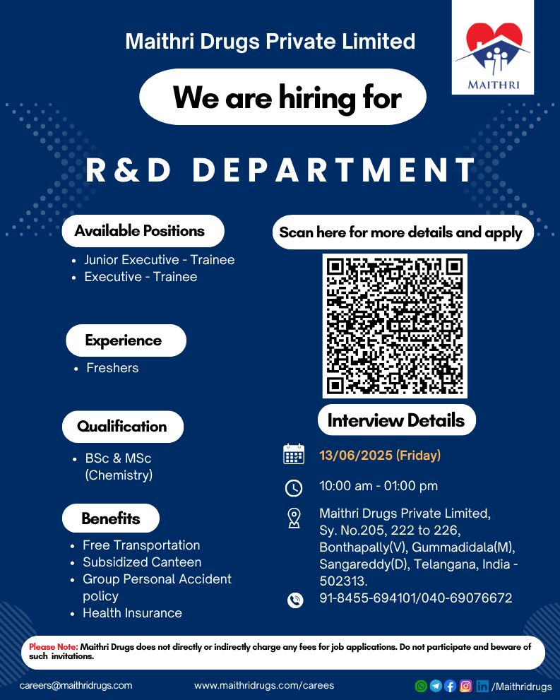 Maithri Drugs Walk-In Interview for R&D Trainee Jobs for Freshers on 13th June