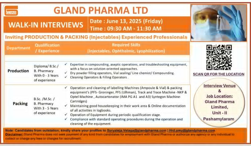 Gland Pharma Ltd Walk-In Interview for Production & Packing (Injectables) Jobs on 13th June