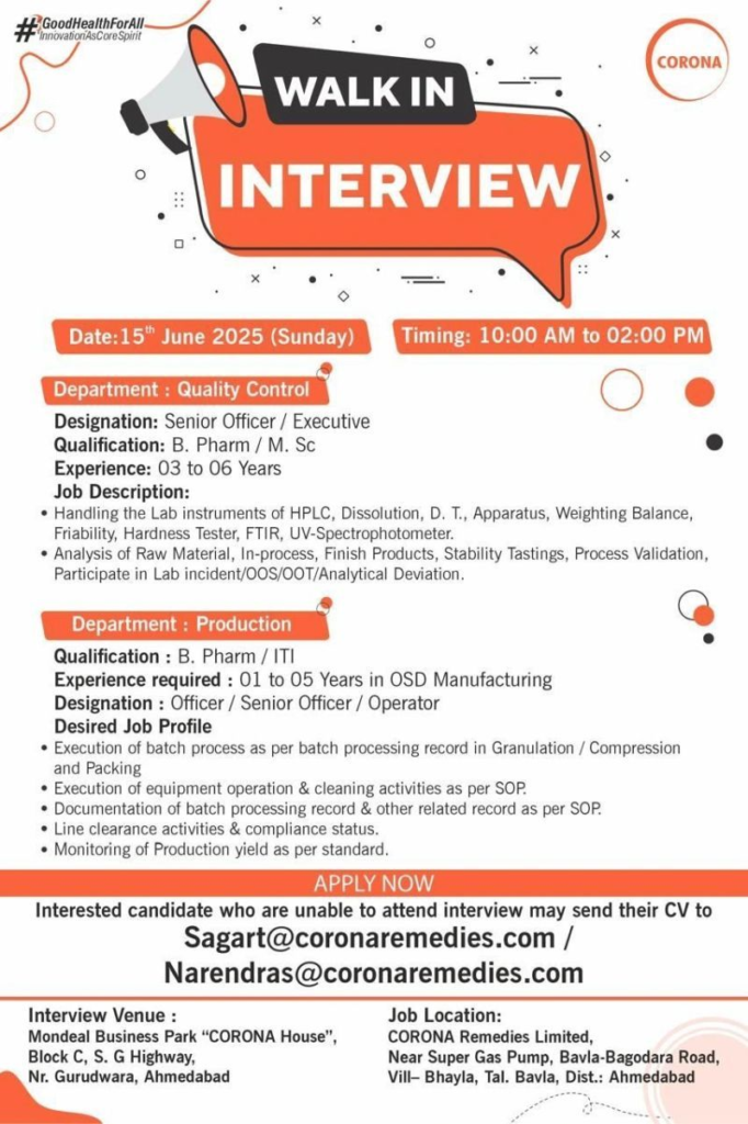 CORONA Remedies Walk-In Interview for Quality Control & Production Jobs on 15th June