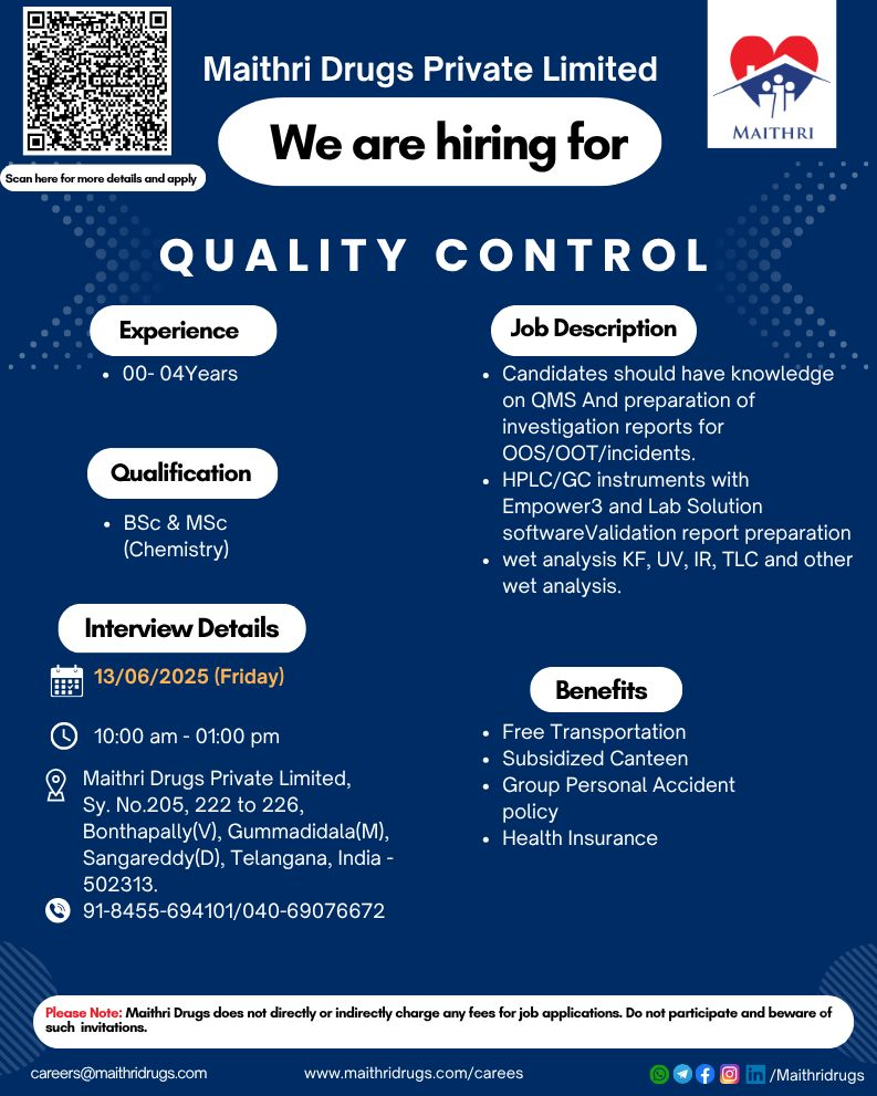 Maithri Drugs Walk-In Interview for Quality Control Jobs for Freshers & Experienced on 13th June