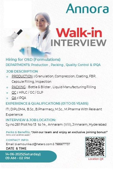 Annora Pharma Walk-In Interview OSD Formulation Roles on 14th June