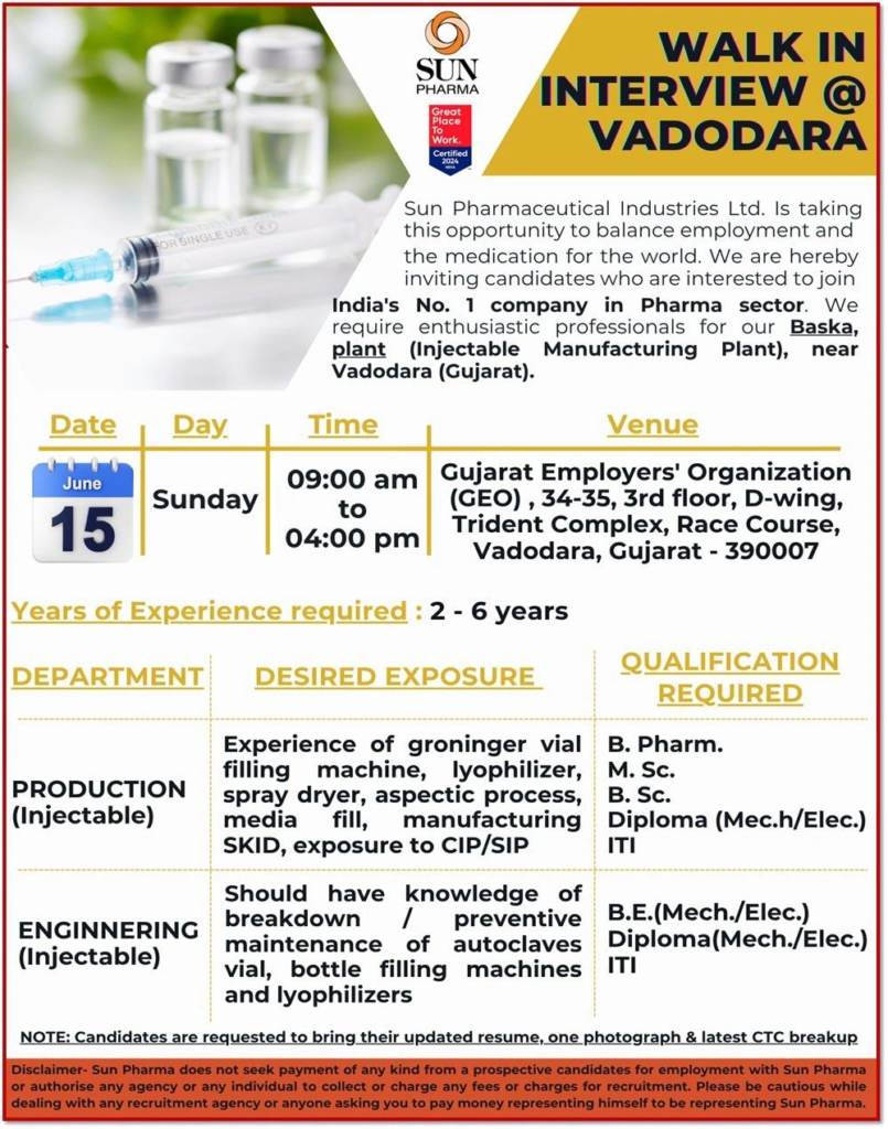 Sun Pharma Walk-In Interview for Production & Engineering for Injectable Roles on 15th June