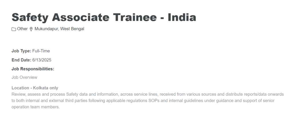 IQVIA is Hiring A Safety Associate Trainee Roles in Kolkata on 13th June