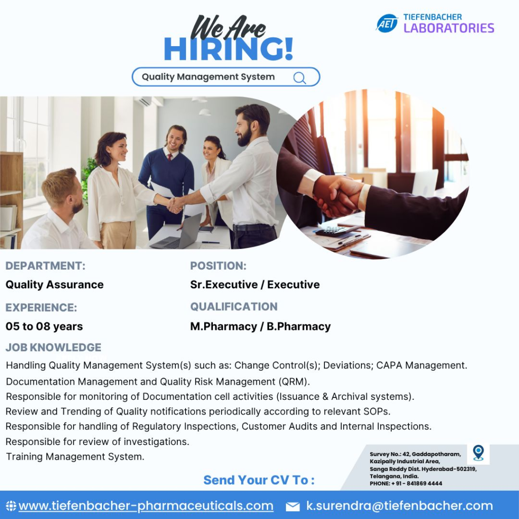 Tiefenbacher Laboratories is Hiring a Quality Assurance Senior Executive/Executive