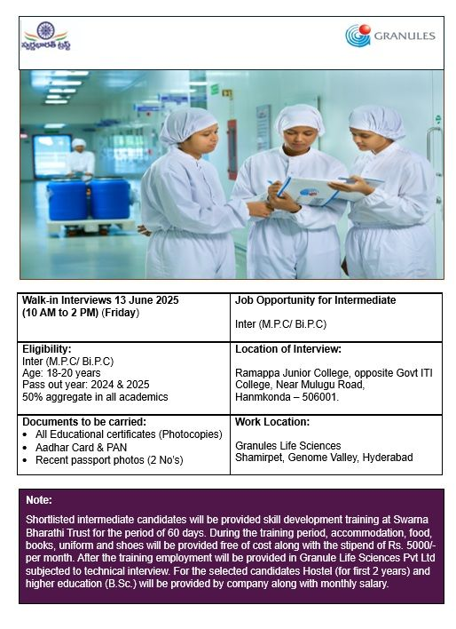 Granules Life Sciences Walk-In Interview for Any Graduates in Hyderabad on 13th June