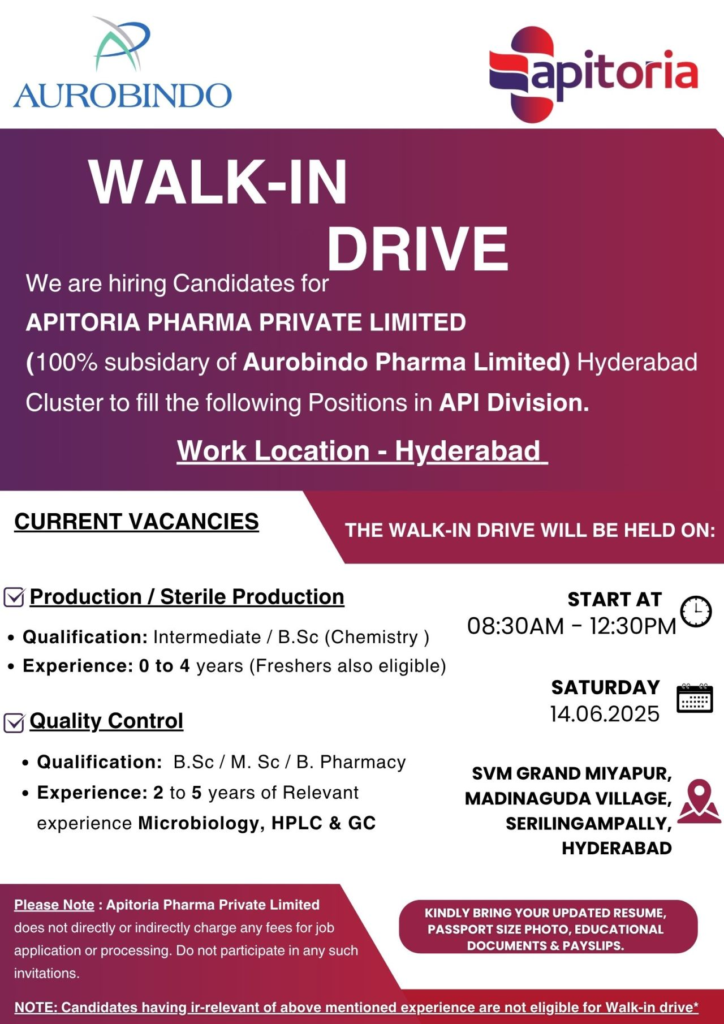 Apitoria Pharma Walk-In Drive for Production and Quality Control on 14th June