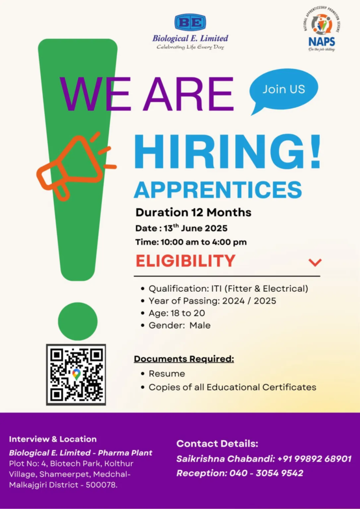 Biological E. Limited Walk-In Interview for Apprentices in Hyderabad on 13th June