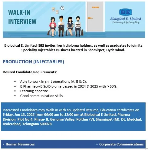 Biological E. Limited Walk-In Interview for Apprentices in Hyderabad on 13th June