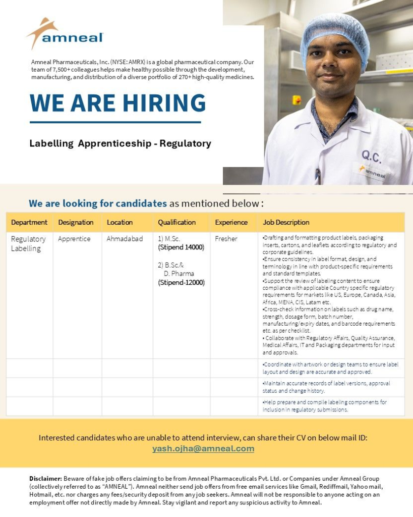 Amneal Pharmaceuticals Walk-In Interview for Labelling Apprenticeship in Ahmedabad