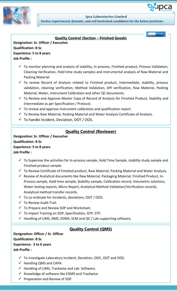 Ipca Laboratories Limited - Job Openings for Quality Control Departments
