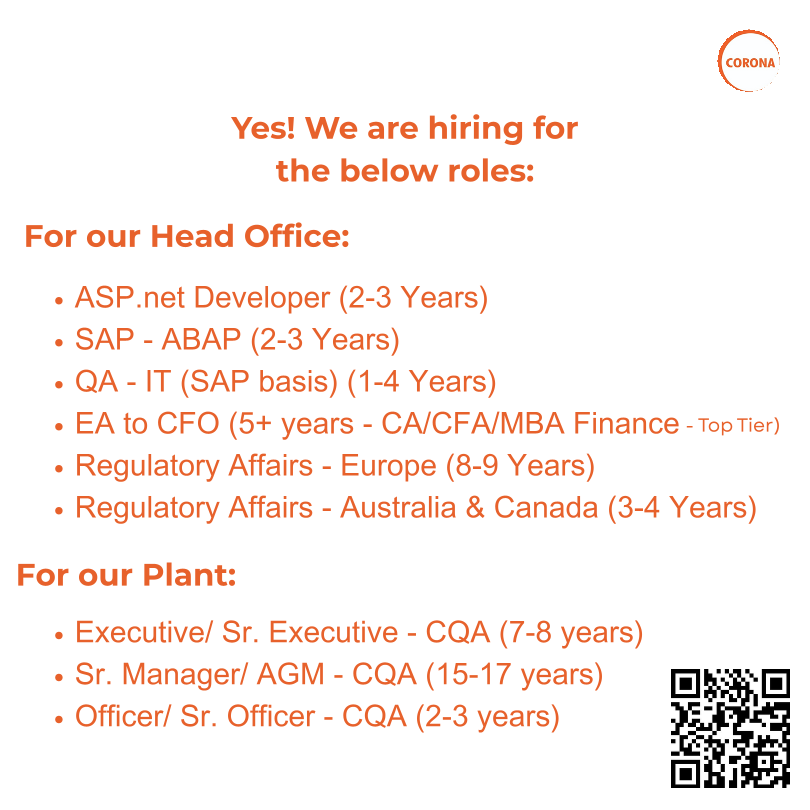 Corona Remedies - Job Openings for Multiple Positions in Ahmedabad 
