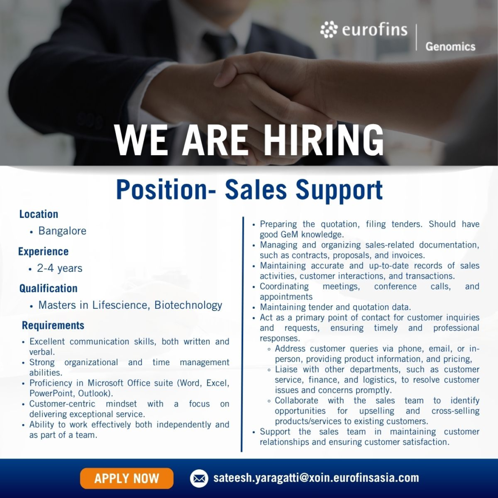 Eurofins Genomics is Hiring for Sales Support in Bangalore