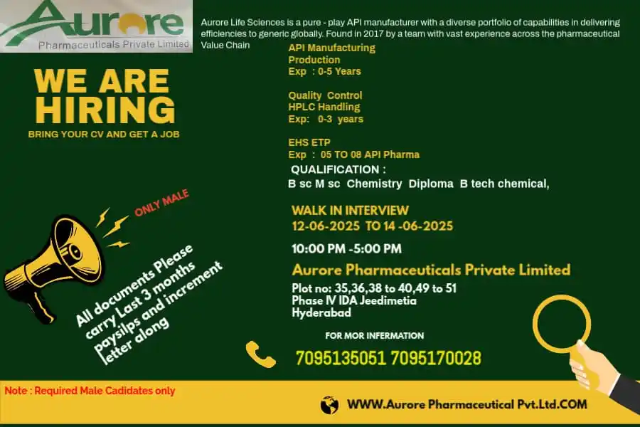 [Freshers] Aurore Pharmaceuticals Walk-In Interview for Quality Control & API Manufacturing Roles on 12th - 14th June