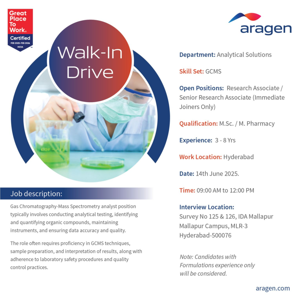 Aragen Life Sciences Walk-In Interview for Research Associates / Sr. Research Associates – 14th June 2025
