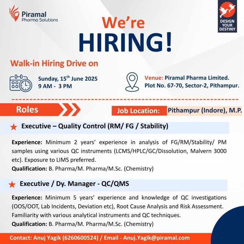 Piramal Pharma Solutions Walk-In Interview for Quality Control in Pithampur – 15th June 2025