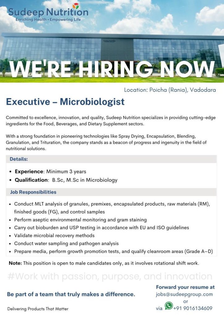 Sudeep Nutrition Walk-In Interview for Executive – Microbiologist on June 2025