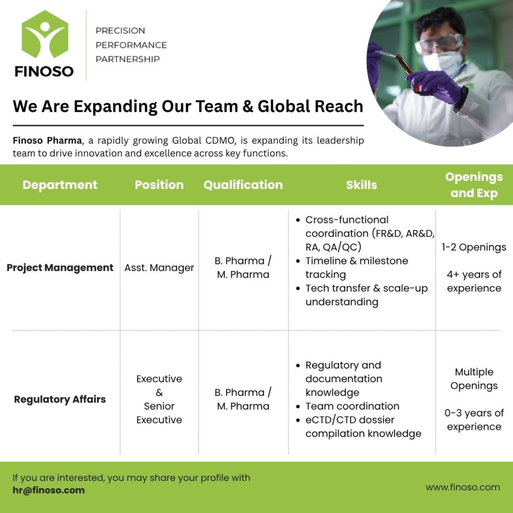 Finoso Pharma Walk-In Interview for Project Management & Regulatory Affairs (0-4 Years Exp)