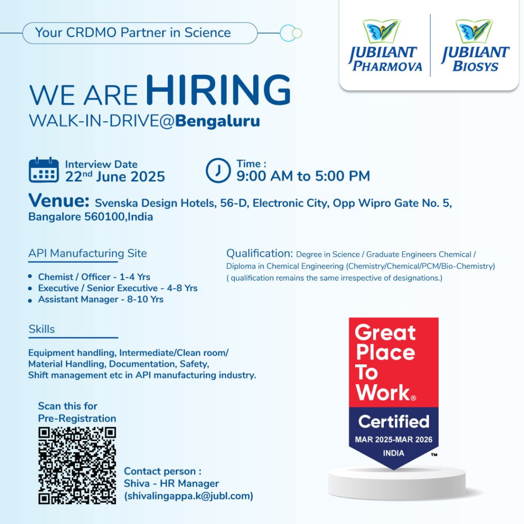 Jubilant Pharmova (Jubilant Biosys) Walk-In Interview for API Manufacturing in Bengaluru – 22nd June 2025